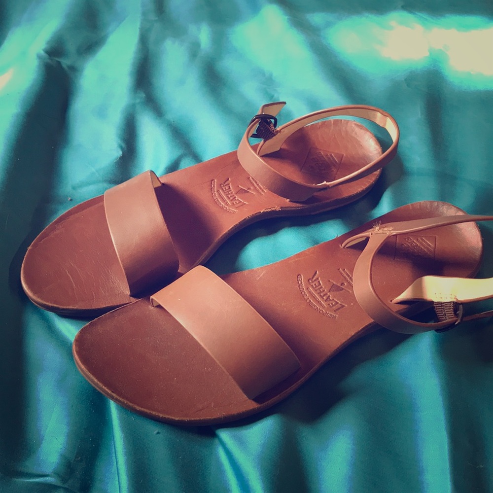 Freewaters leather ankle strap sandals.